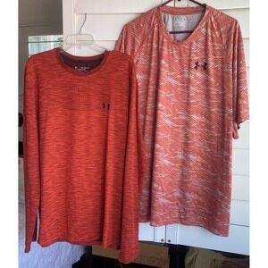 Lot Of 2  Under Armour Men 3XL 1 Long Sleeve T Shirt 1 Short Heatgear Red Orange